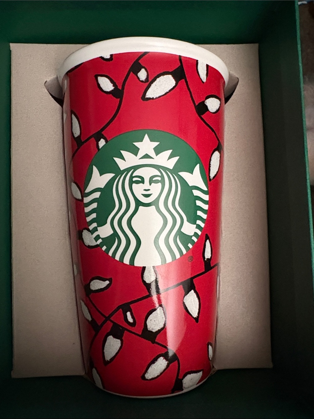 NWT PORCELAIN/GLASS Starbucks Red Tumbler with Green Siren and White Light Motif